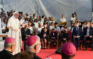 Pope Francis addresses young people at Lokomotiva Stadium in Košice, Slovakia, Sept. 14, 2021. Vatican Media.